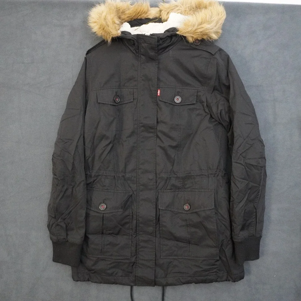 Levis Sherpa Lined Parka Jacket Black Faux Fur Hood Mens Small RN 54163